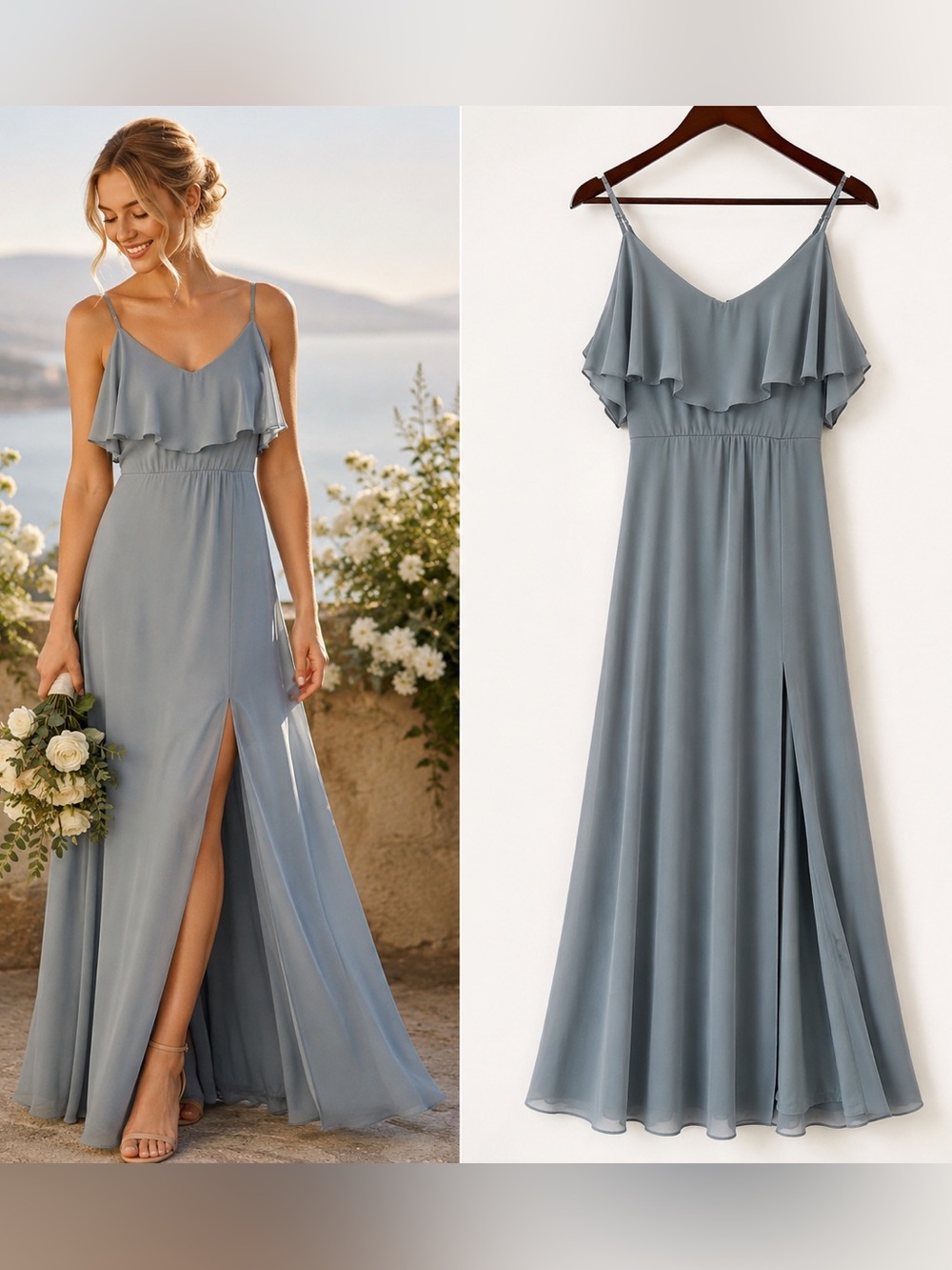 Birdy Grey Sage Blue Ruffle Maxi Dress XS Bridesmaid Formal Romantic